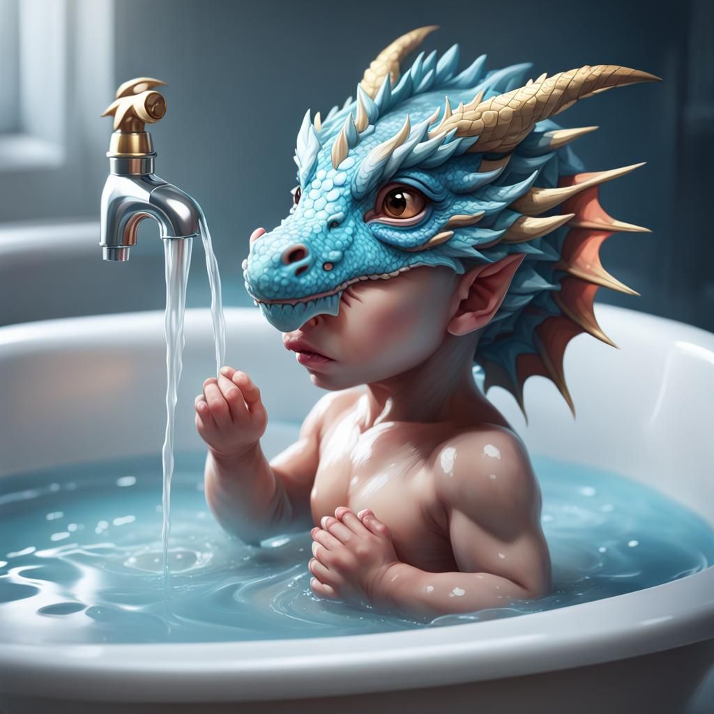 Light Blue Dragon Baby Bath Time Portrait