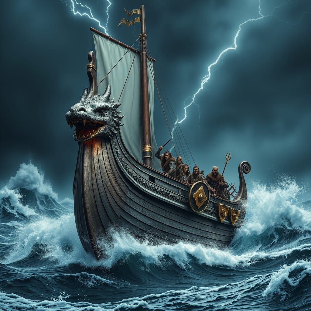 Majestic Viking Longship Battles Turbulent Tempest in Photor...