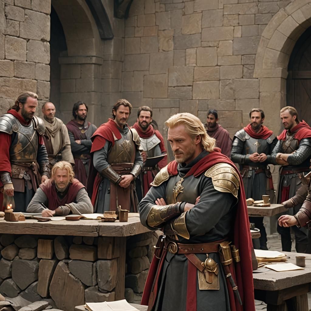 Councilman in Grey Tunic Against Stone Wall