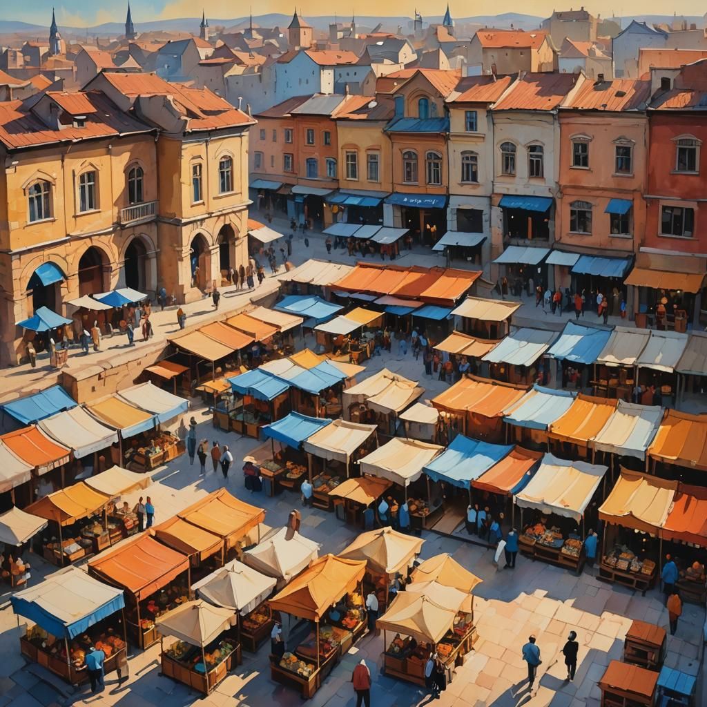 Impressionist Cityscape in Gouache with Golden Light