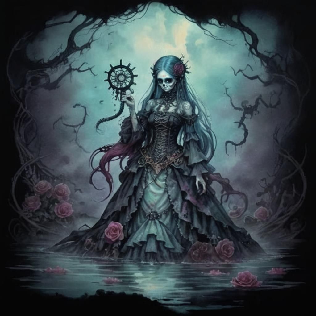 Zombie Mermaid Portrait on Stormy Beach, Watercolor Art