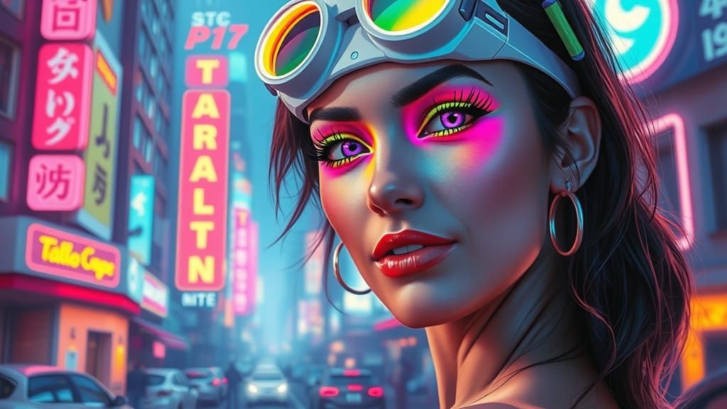 Neon Cityscape Portrait in Retrofuturistic Style