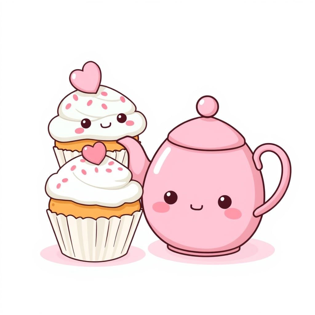 Kawaii Cupcakes and Teapot in Pastel Colors