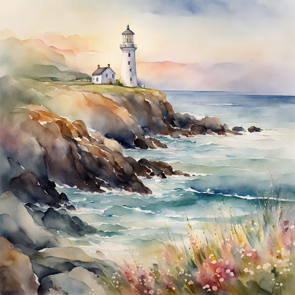 Lighthouse on Rocky Coast in Watercolor Style