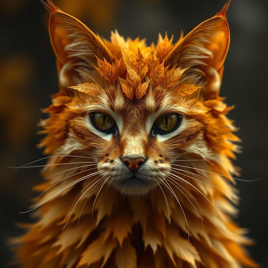 Autumnal Leaf Cat: Hyperrealistic Digital Art