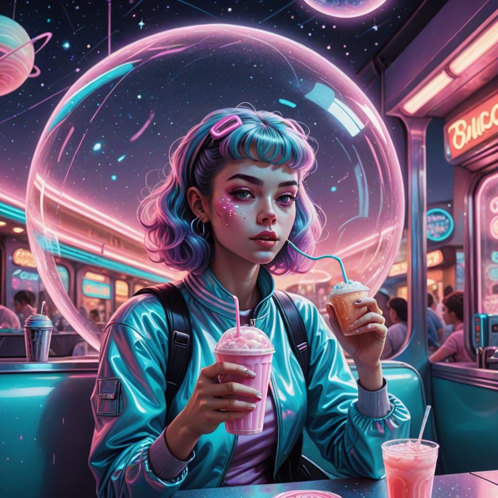 Retro Space-Diner Scene with Alien Teen in Vaporwave Style