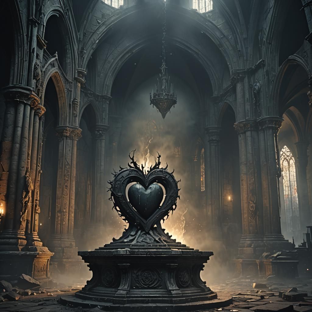 Brooding Heart in Ruined Cathedral: Gothic 3D Art