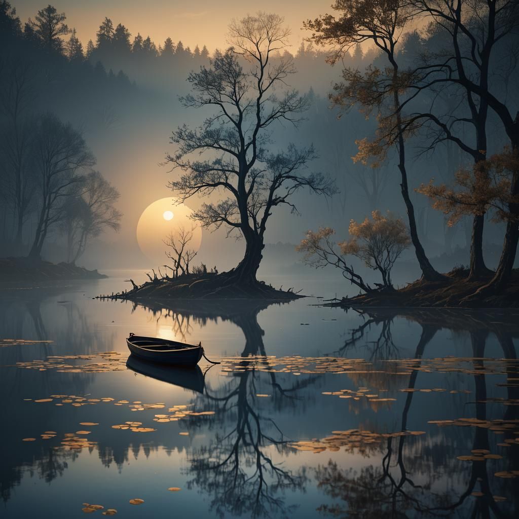 Lonely Boat on Lake at Dusk: 3D Rendered