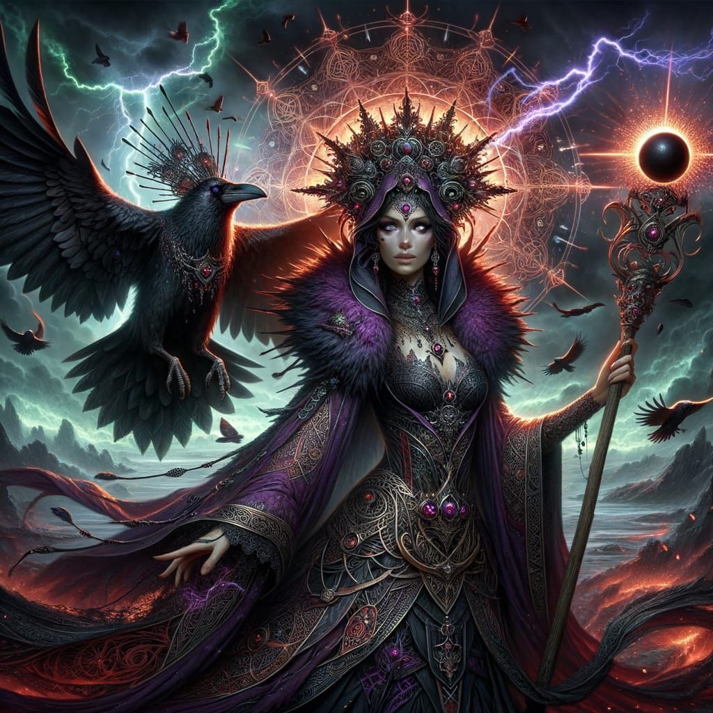 Mystical Goddess with Crow Wings and Staff