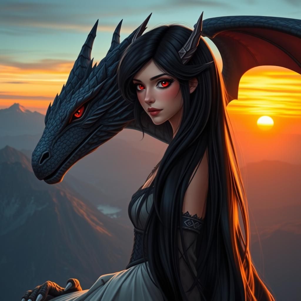 Dragon-Human Hybrid Woman with Dragon at Sunset