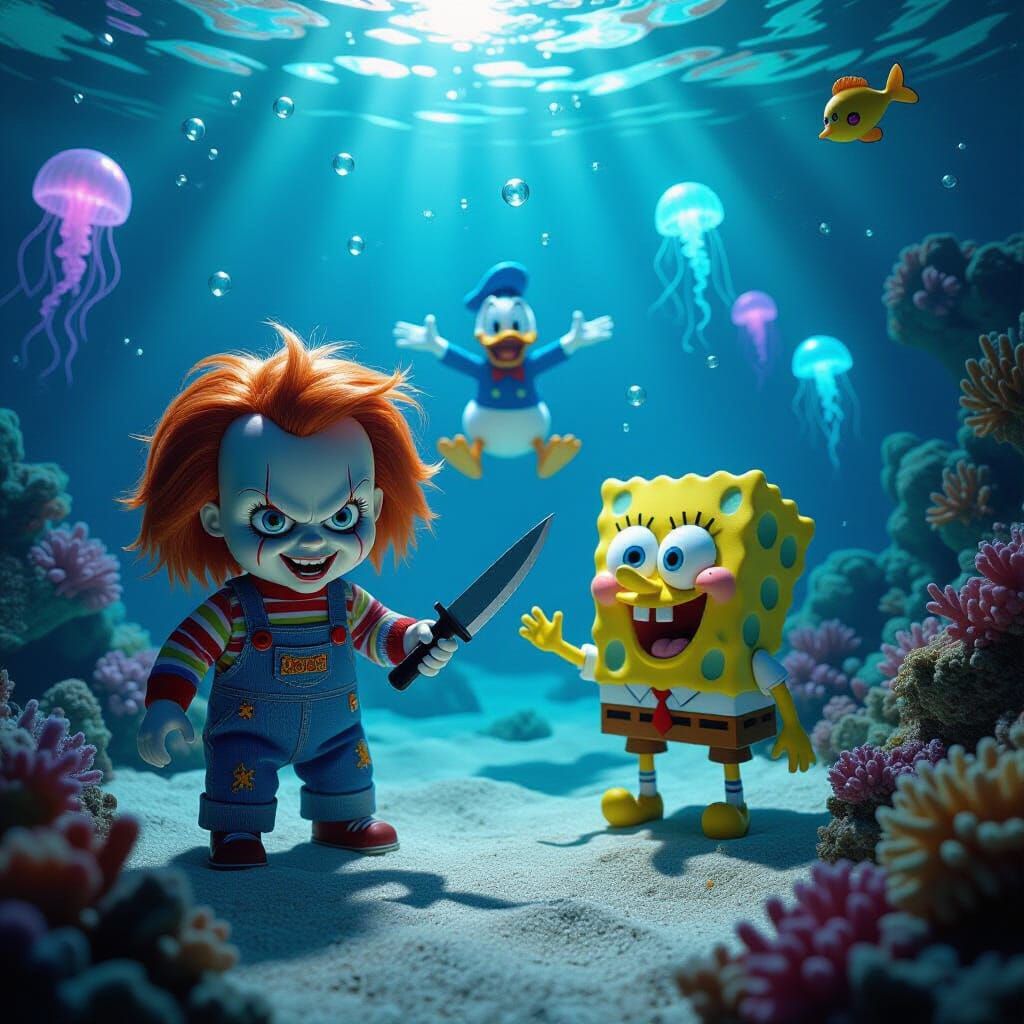 Chucky Doll Underwater with Knife Confronts SpongeBob and Pa...