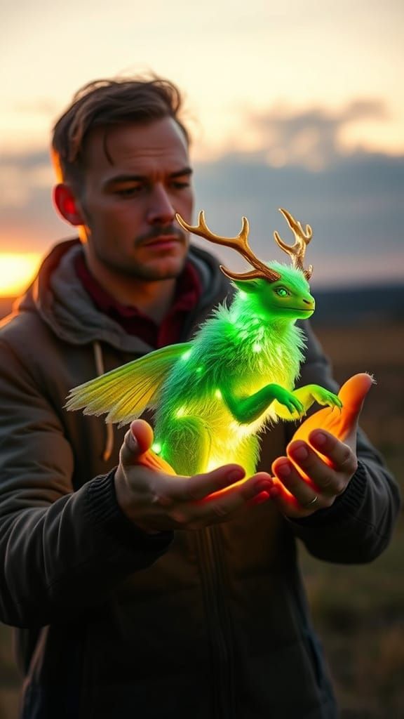 Man Holds Glowing Imaginary Creature in Science Fiction Sett...