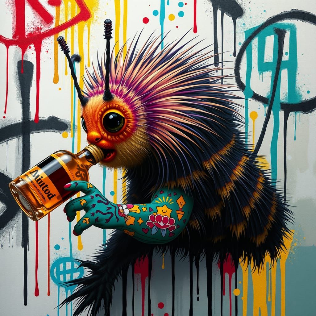 Tattooed Caterpillar Sipping Liquor in Splash Art Style