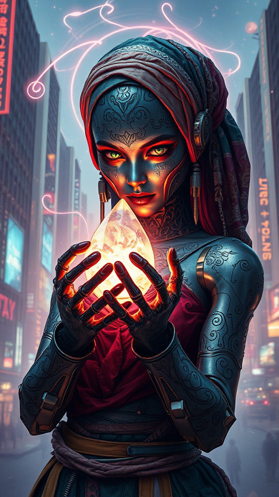 Cyberpunk Fortune Teller Robot with Crystal Ball