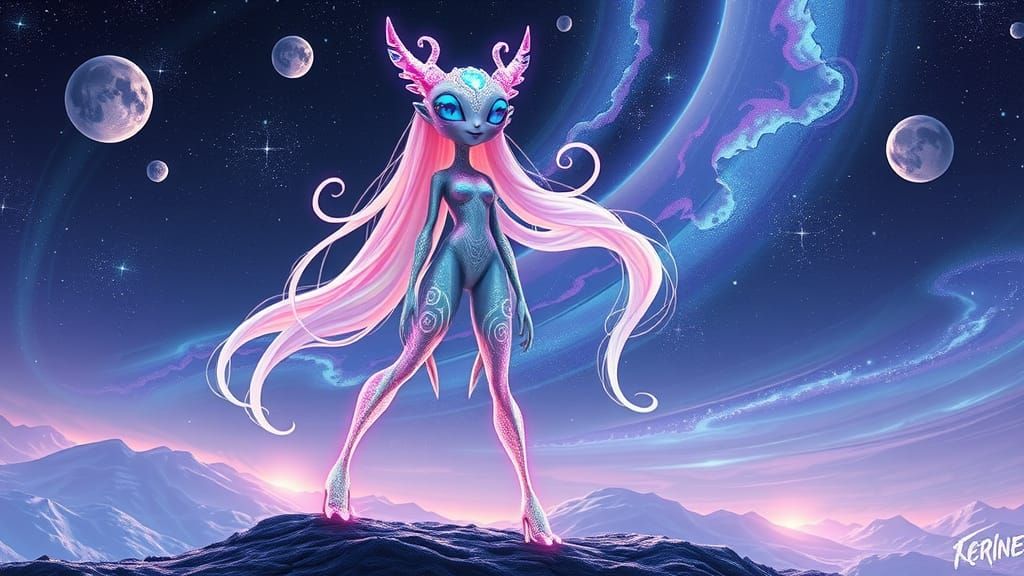 Iridescent Gynoid Alien Dancing in Deep Space