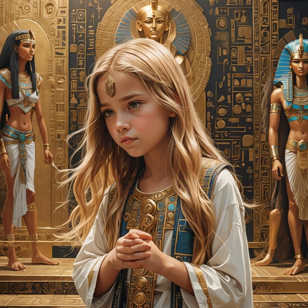 a little girl of five years old, with long golden hair, stan...