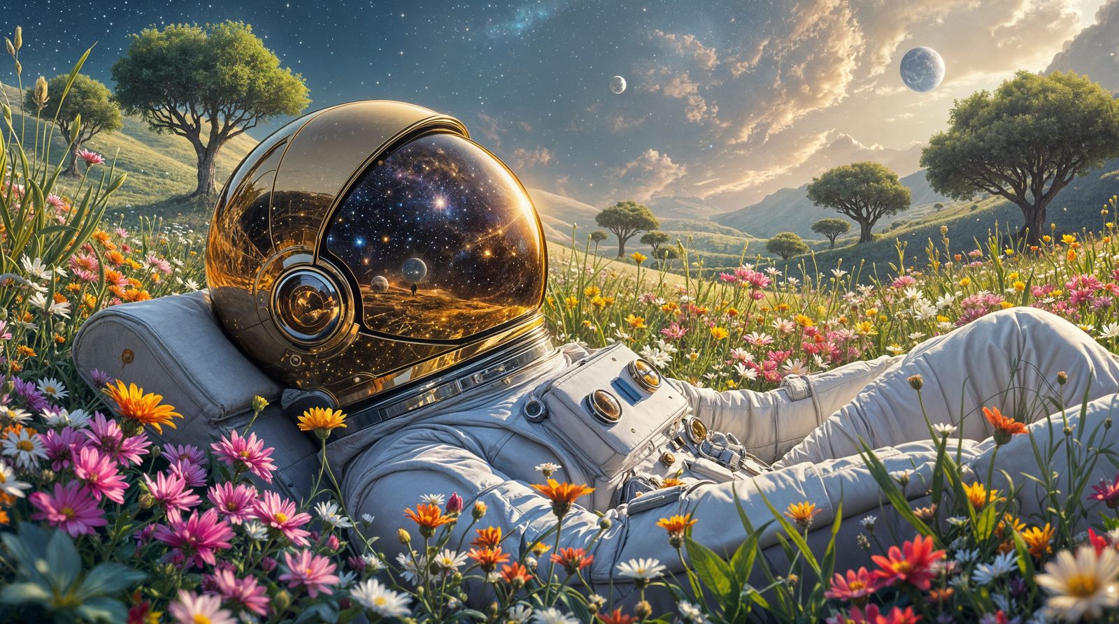 An astronaut lying in a garden of flowers. The universe is reflected in the visor.