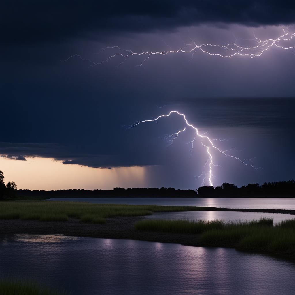 Lightning Strikes Lakeshore Under Dark Blue Sky