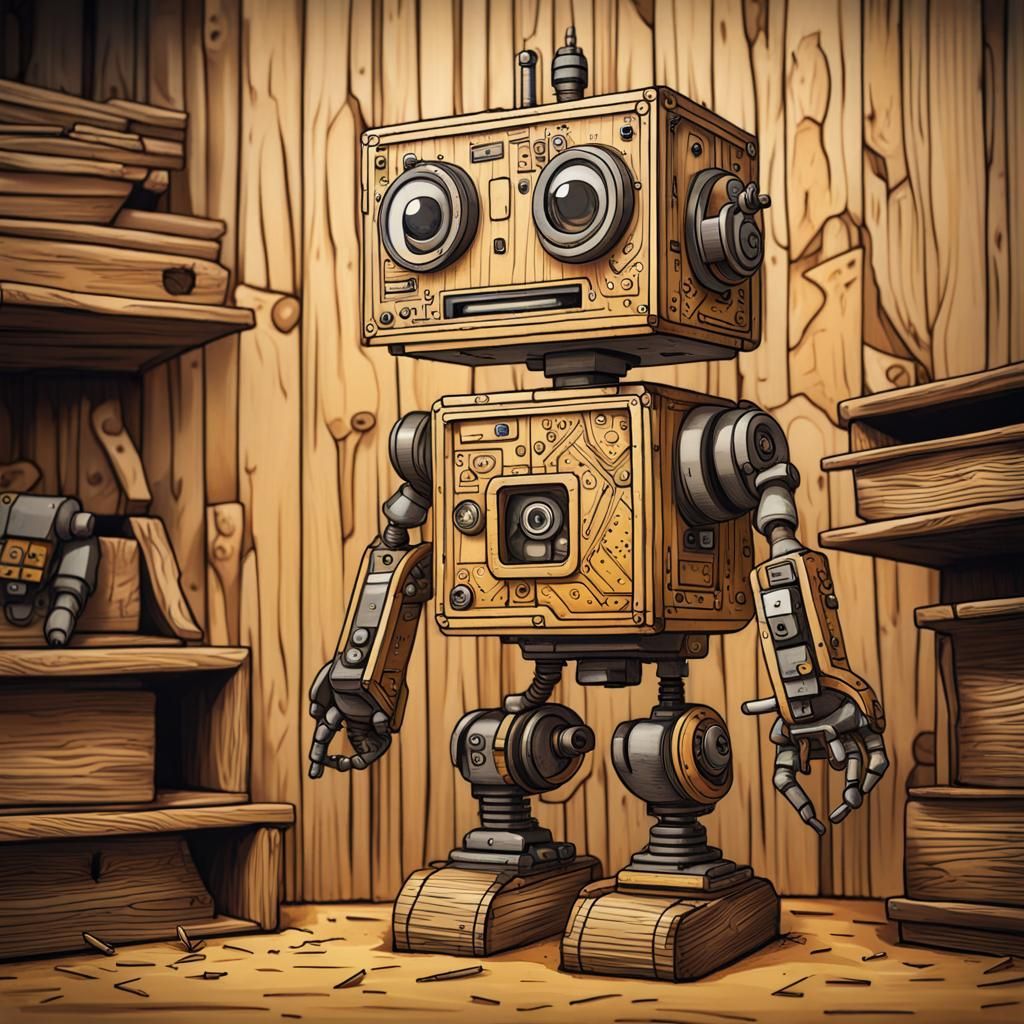Detailed Chibi Wooden Robot in Cartoon Graffiti Style