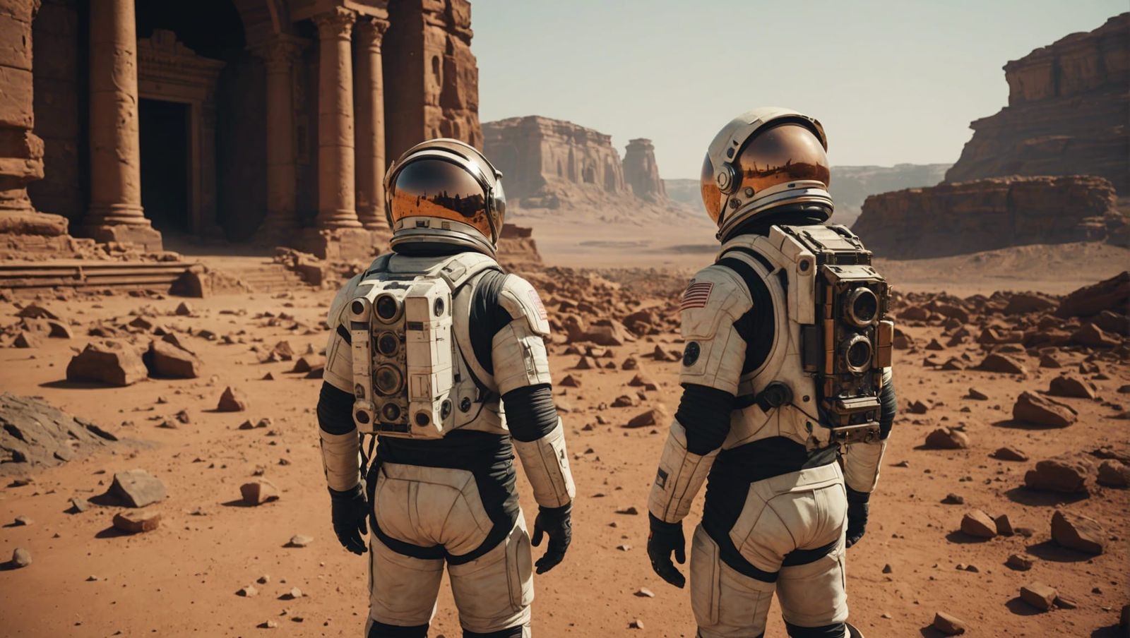 Astronaut and Ancient Temple Ruins on Mars