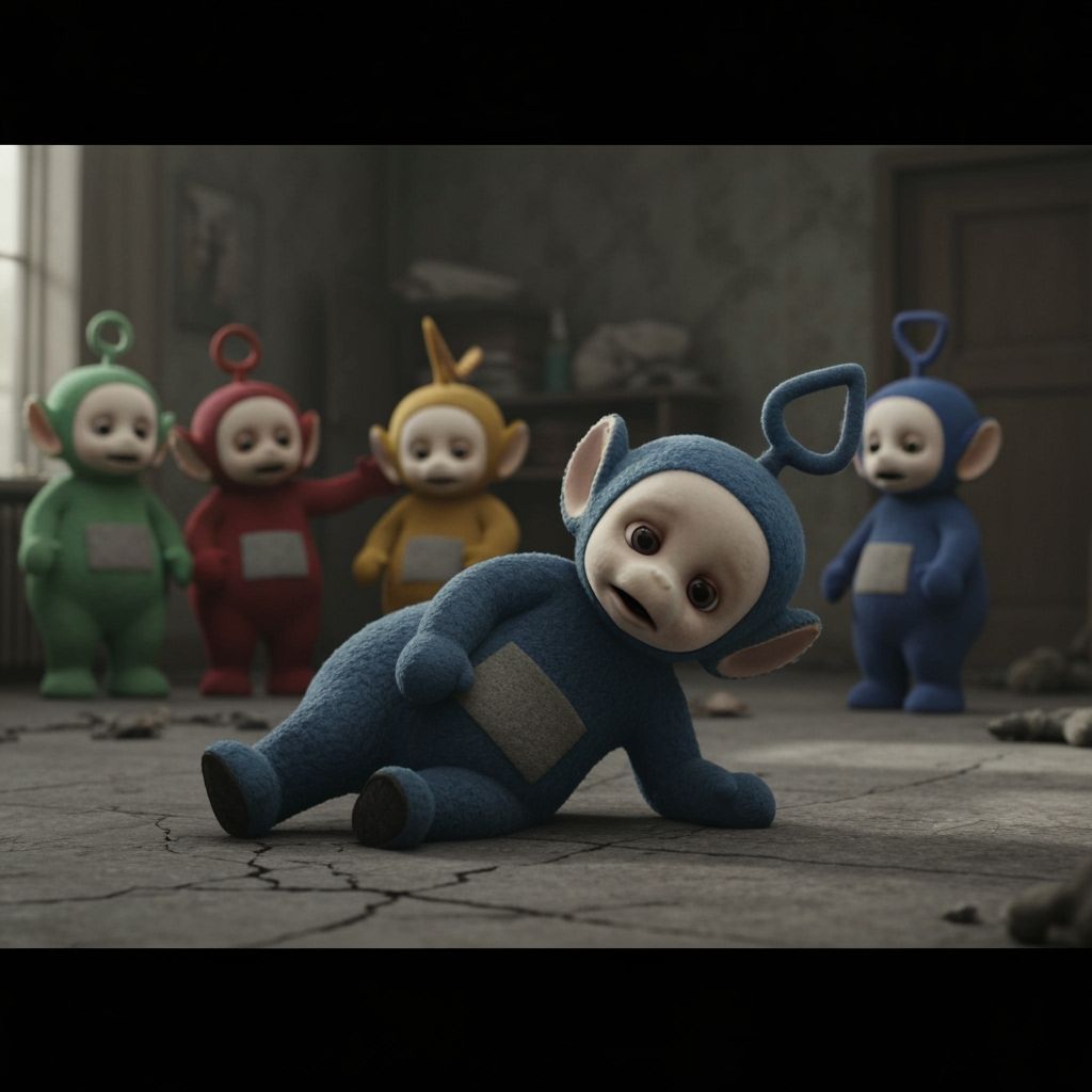 Distraught Teletubby in Dark Whimsical Style