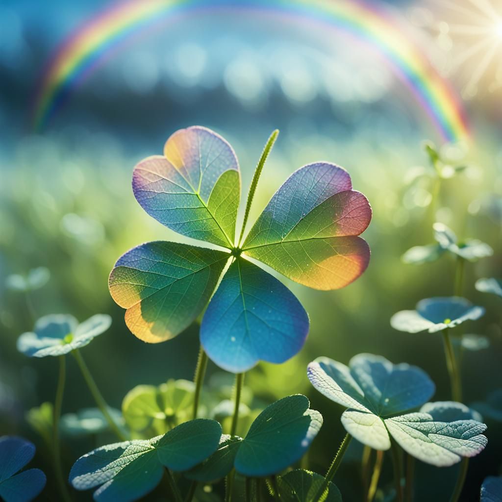 A vibrant four-leaf clover in the foreground, with a vivid r...