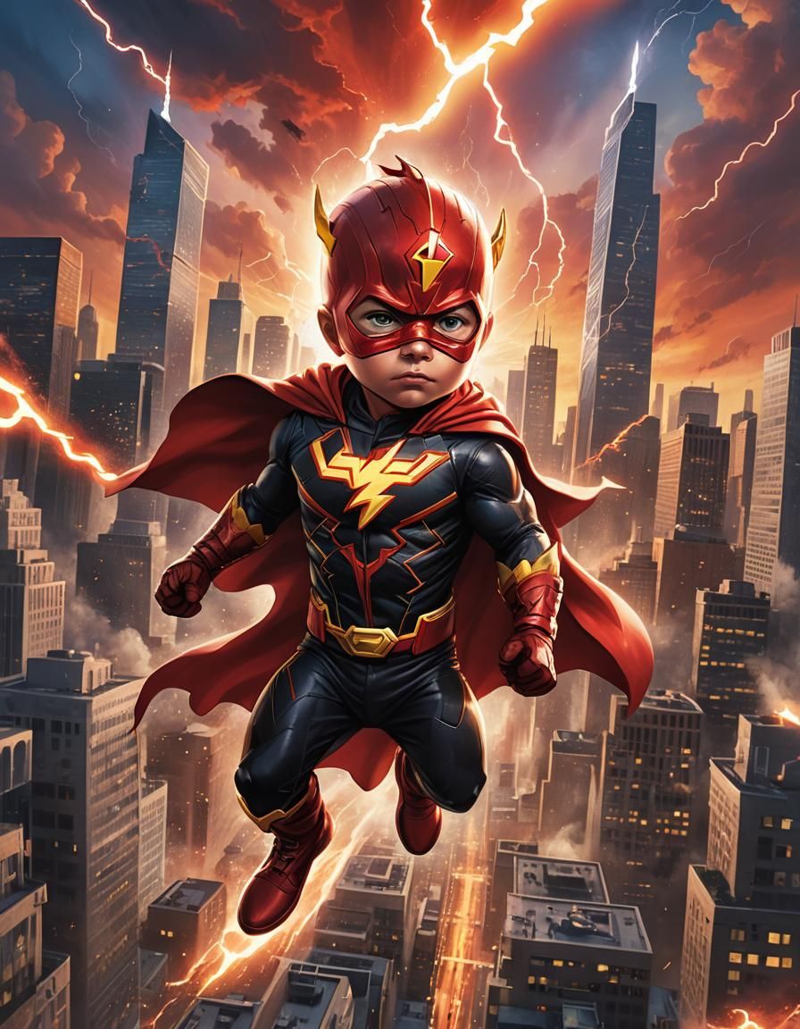 Adorable Superhero Baby Flying Over City, Comic Book Style