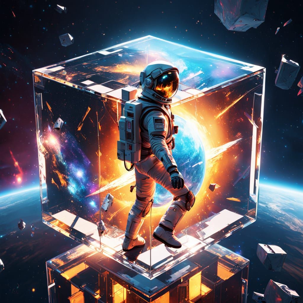 Futuristic Astronaut in Glass Cube, Gazing at Dazzling Star