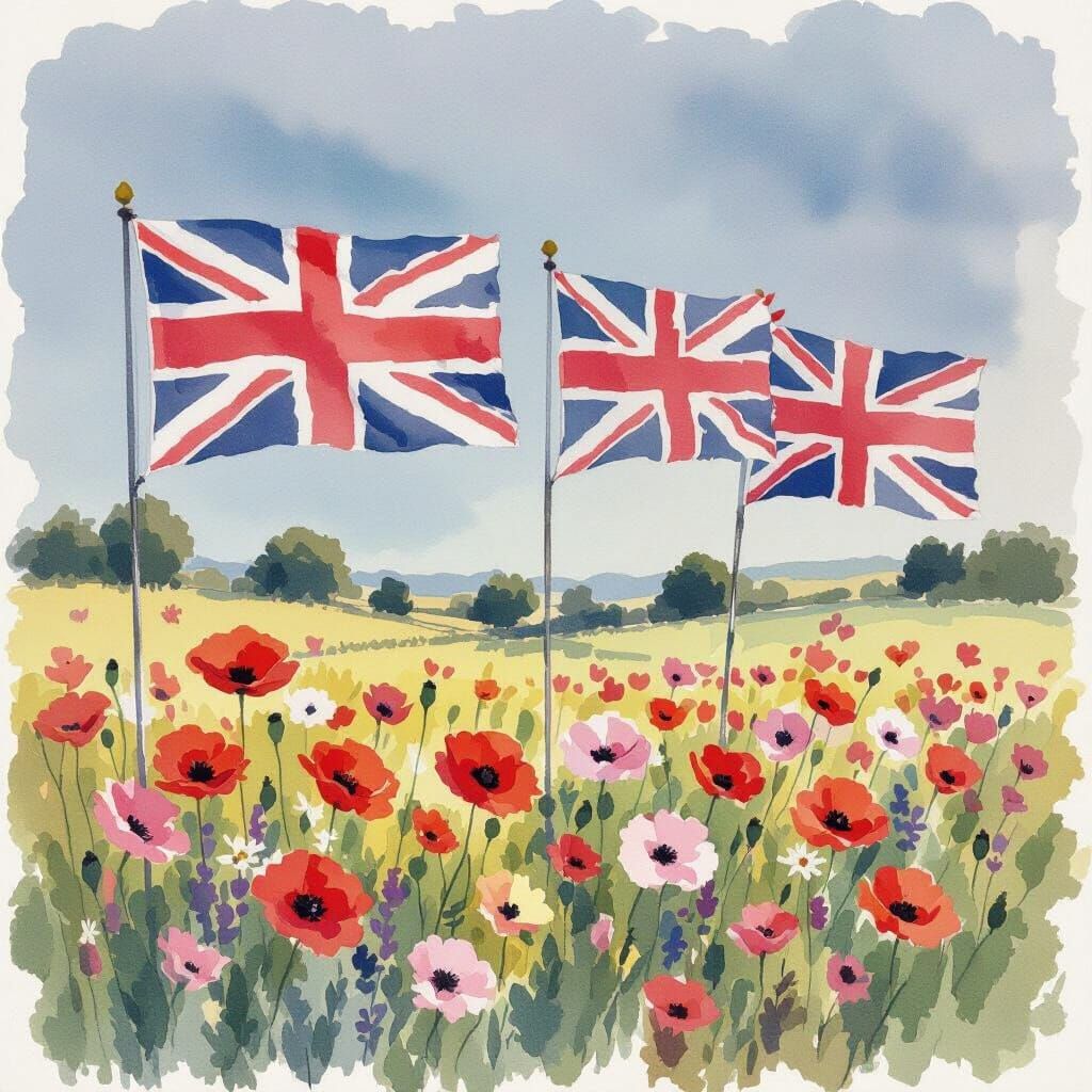 UK Flags over Poppy Field in Watercolour Style
