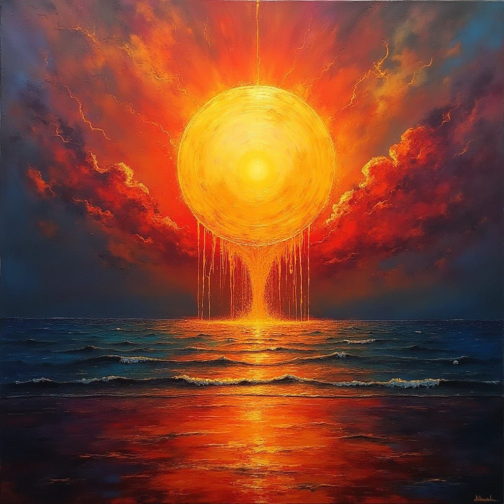 Cosmic Sun Melts Into Sea In Impasto Acrylic Style
