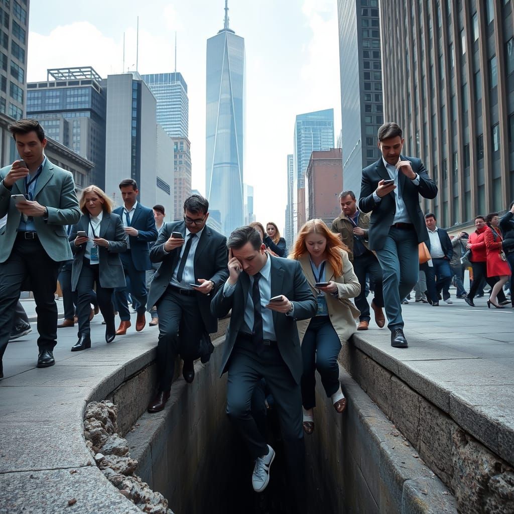 People Falling Into Hole While Looking at Phones