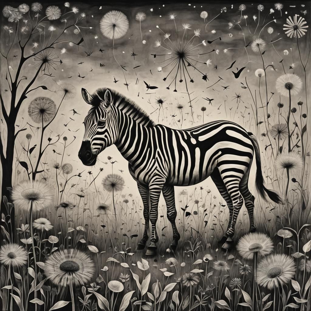 Zebra in Dandelion Dreamscape: Surreal Charcoal Drawing