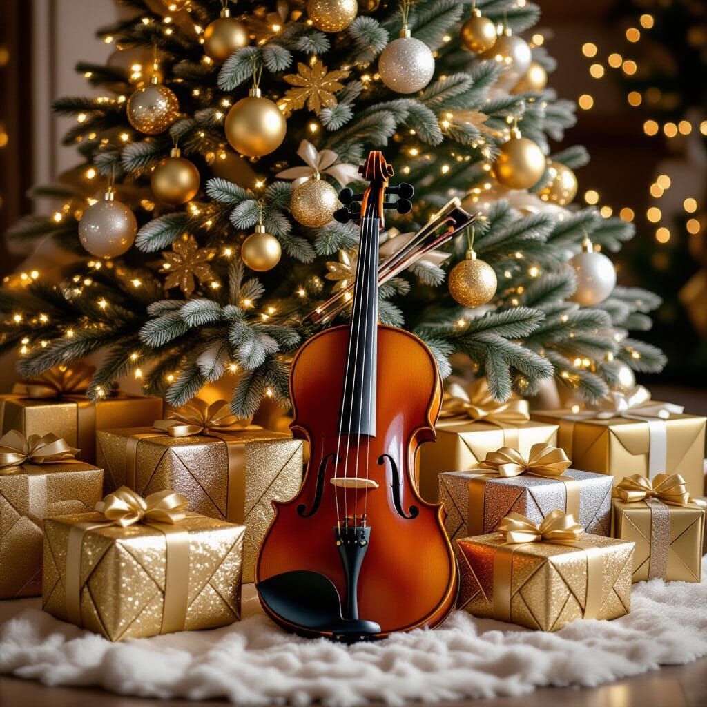 Festive Christmas Tree with Gifts and Violin in Hyperrealist...