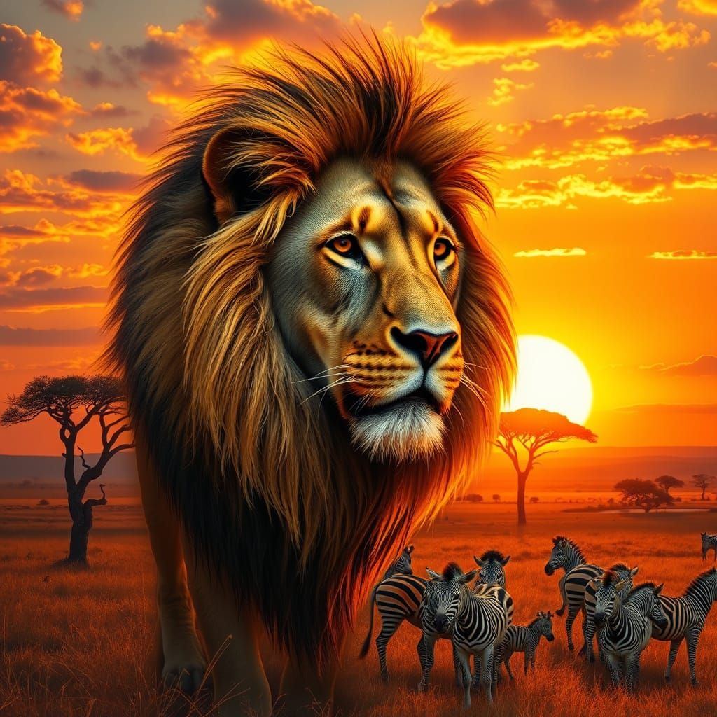 African Sunset Lion Amidst Vibrant Savanna Landscapes