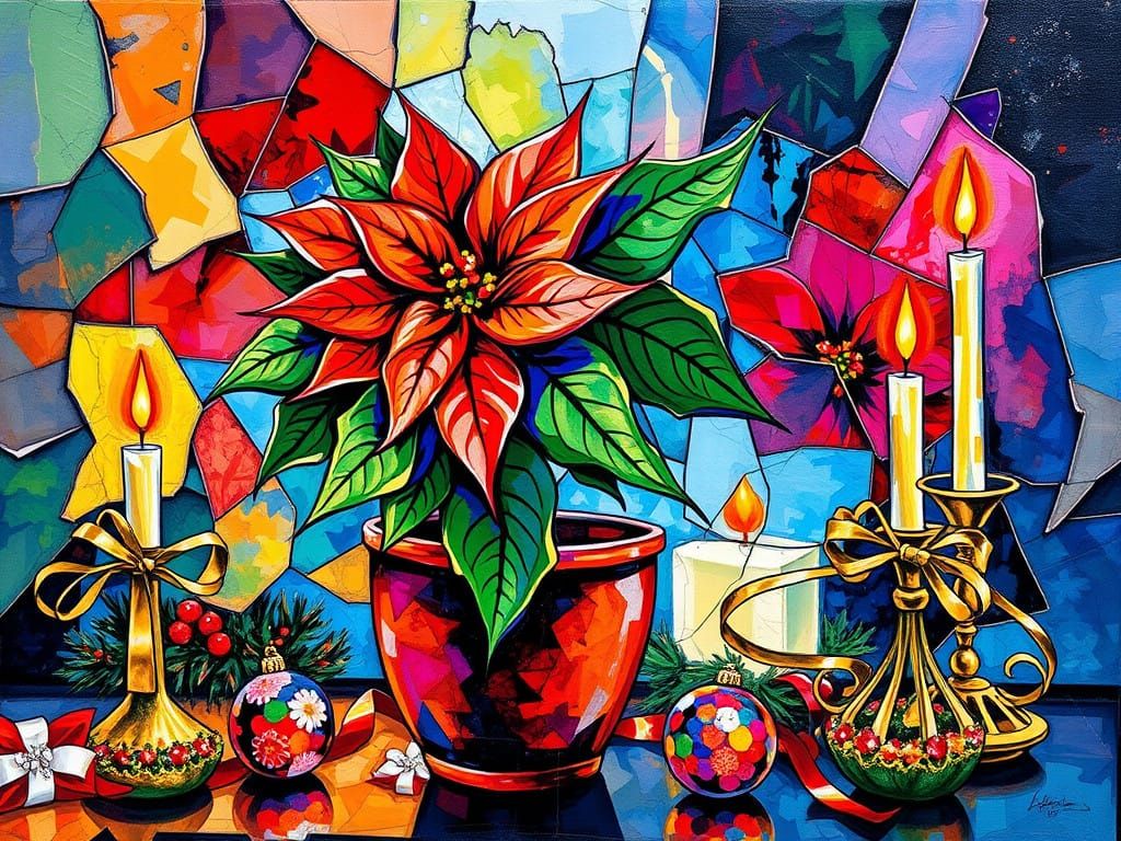 Jagged Cubism Christmas Poinsettia with Vibrant Prismatic Co...