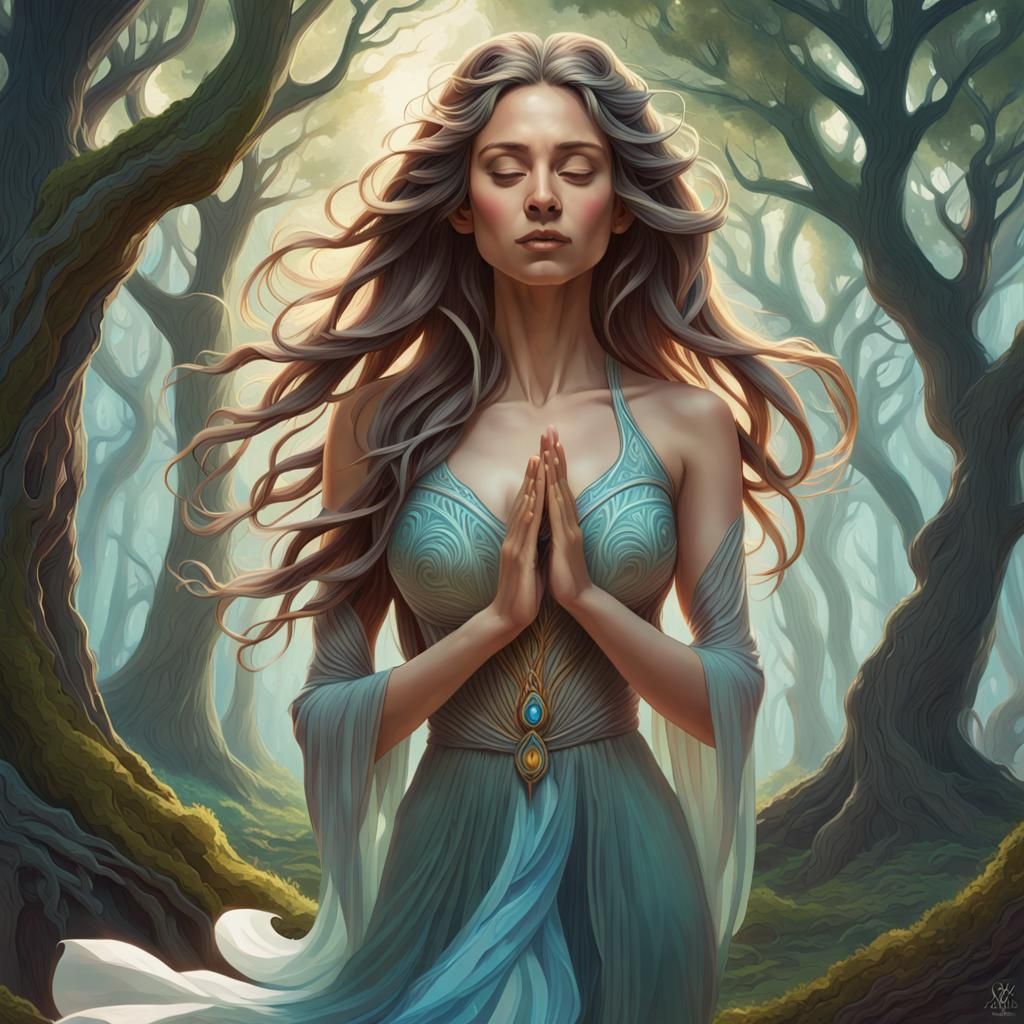 Enchanted Forest Meditation Portrait, Hyperdetailed Lighting