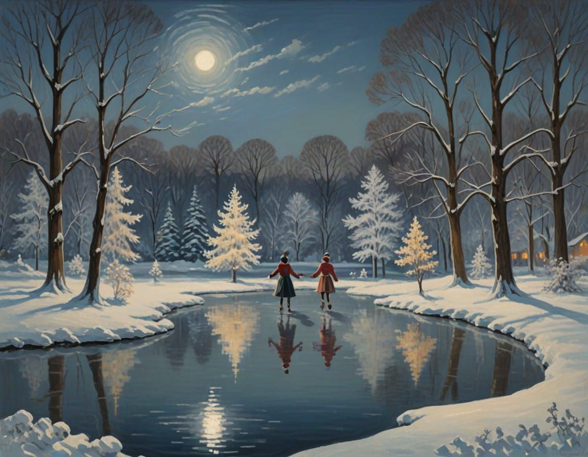 Moonlit Winter Wonderland Scene with Figure Skaters