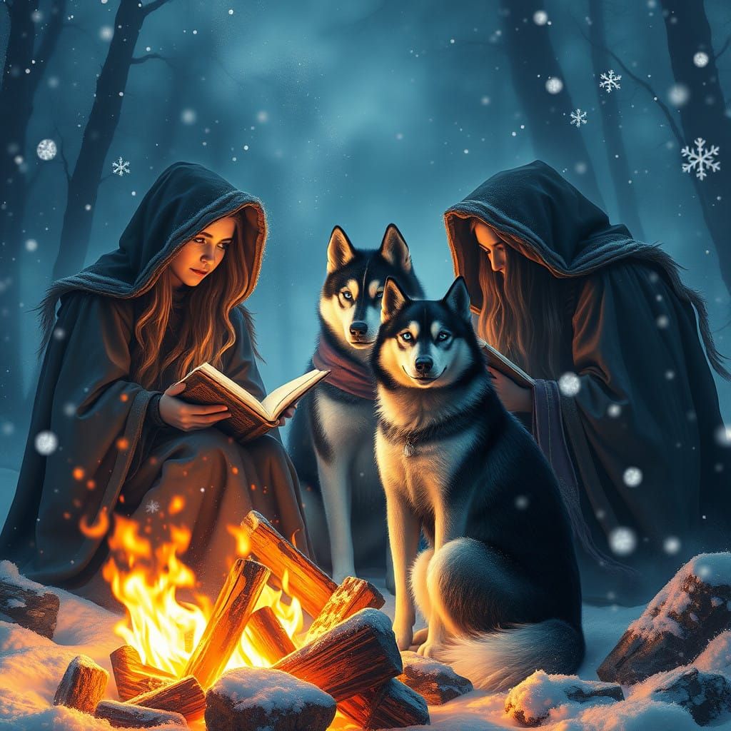 Witches Conjure Magic with Husky Guardian in Frozen Wilderne...