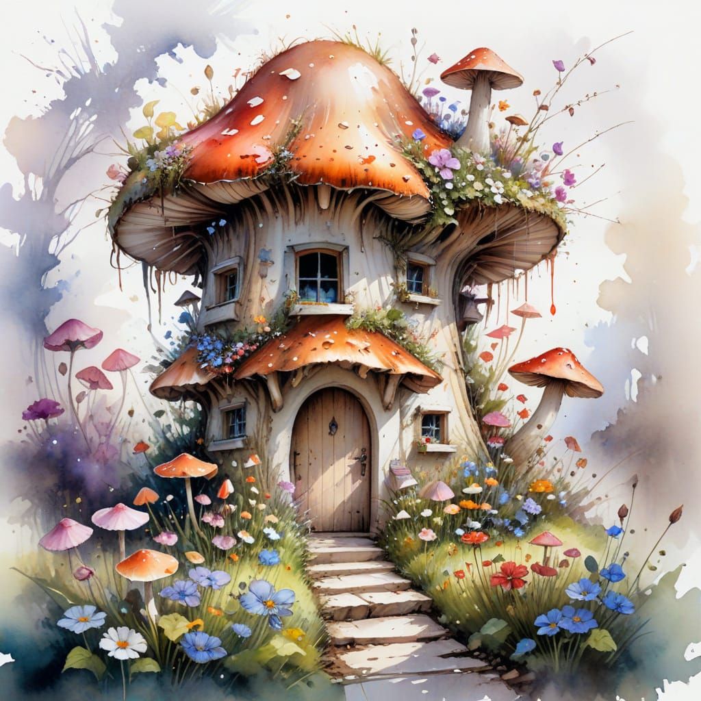 Fairytale Mushroom House Surrounded by Blooming Flowers