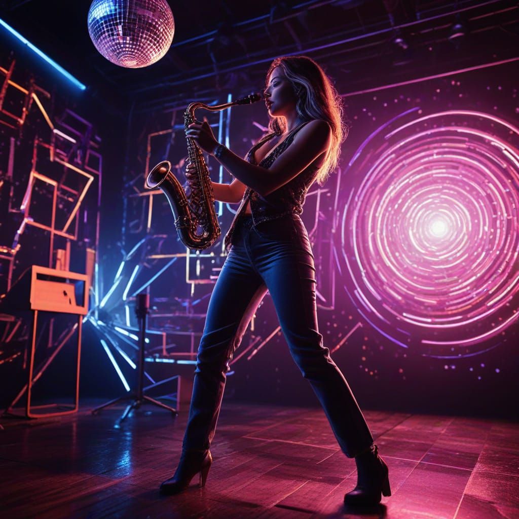 Electric Disco Queen Plays Saxophone Under Neon Lights