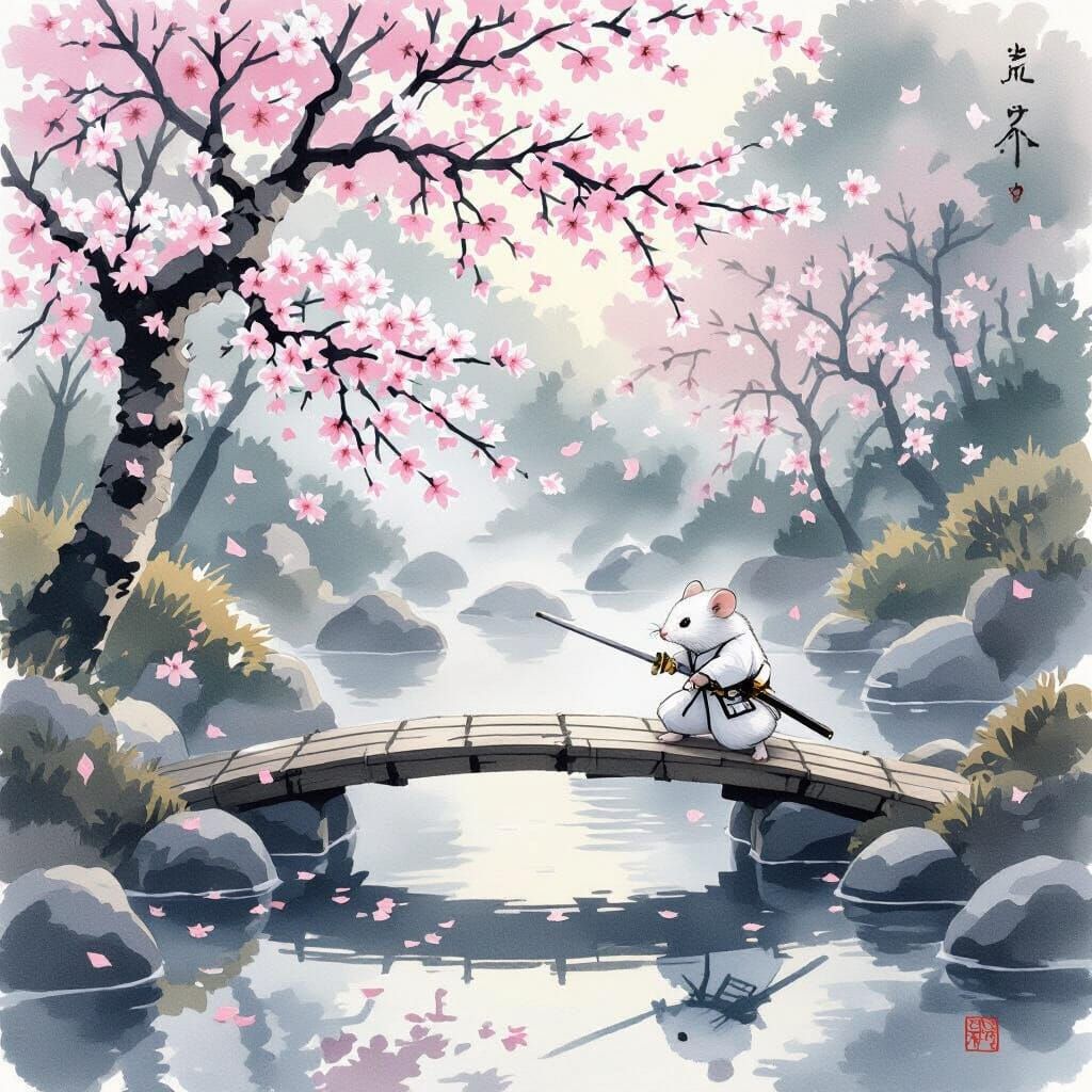 Fluffy Samurai Mouse in Tranquil Japanese Garden