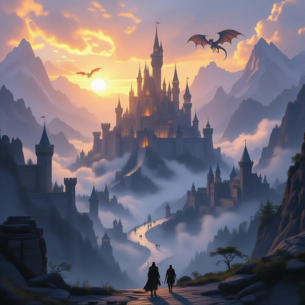 Epic Medieval Fantasy Kingdom at Sunrise with Dragons