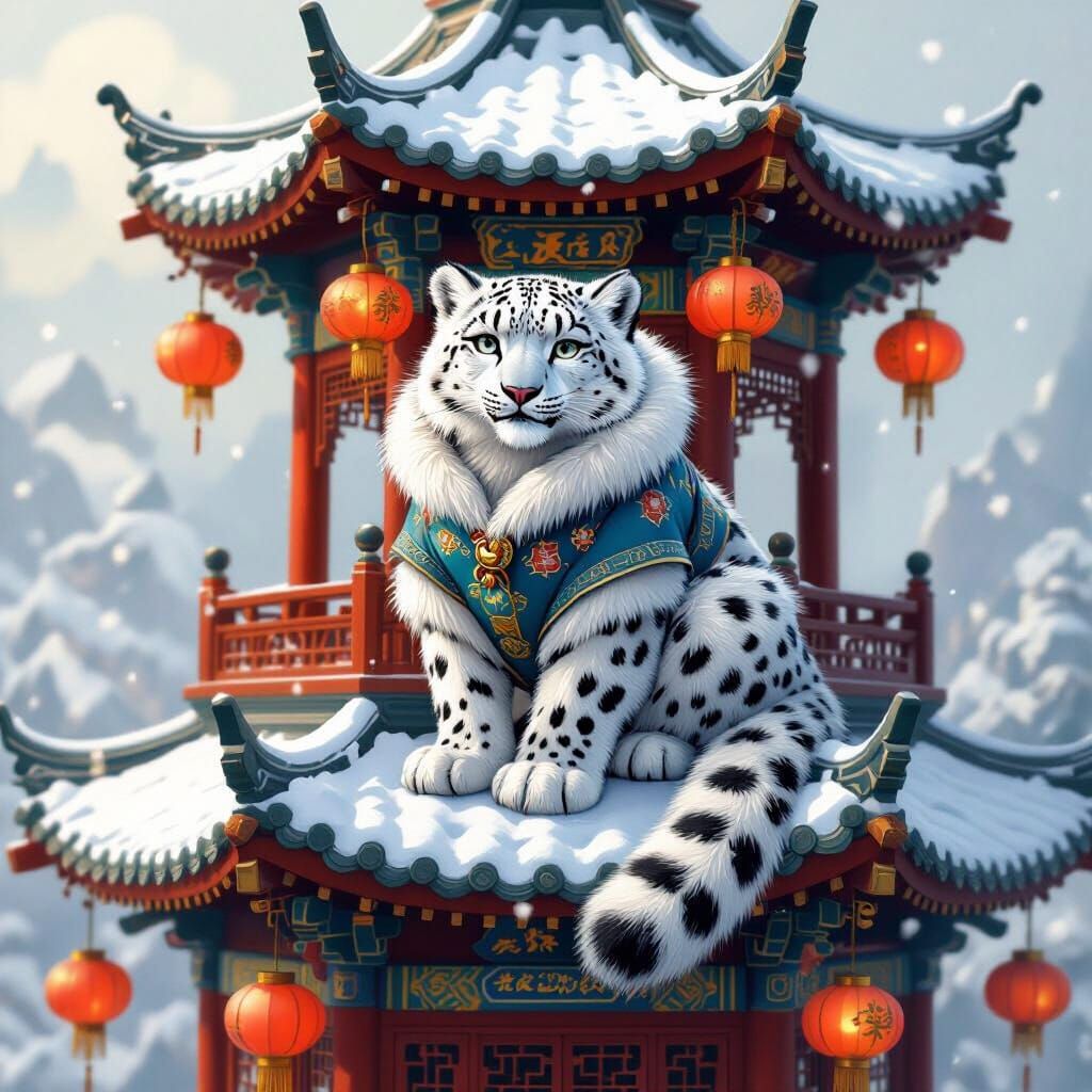 Snow Leopard on Pagoda in Whimsical Chinese Art Style