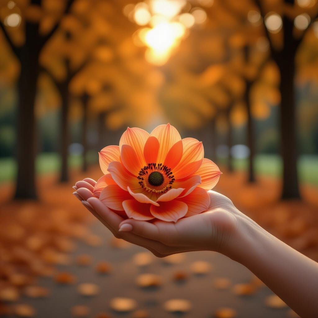 Hand Holding Vibrant Anemone in Autumn Golden Hour