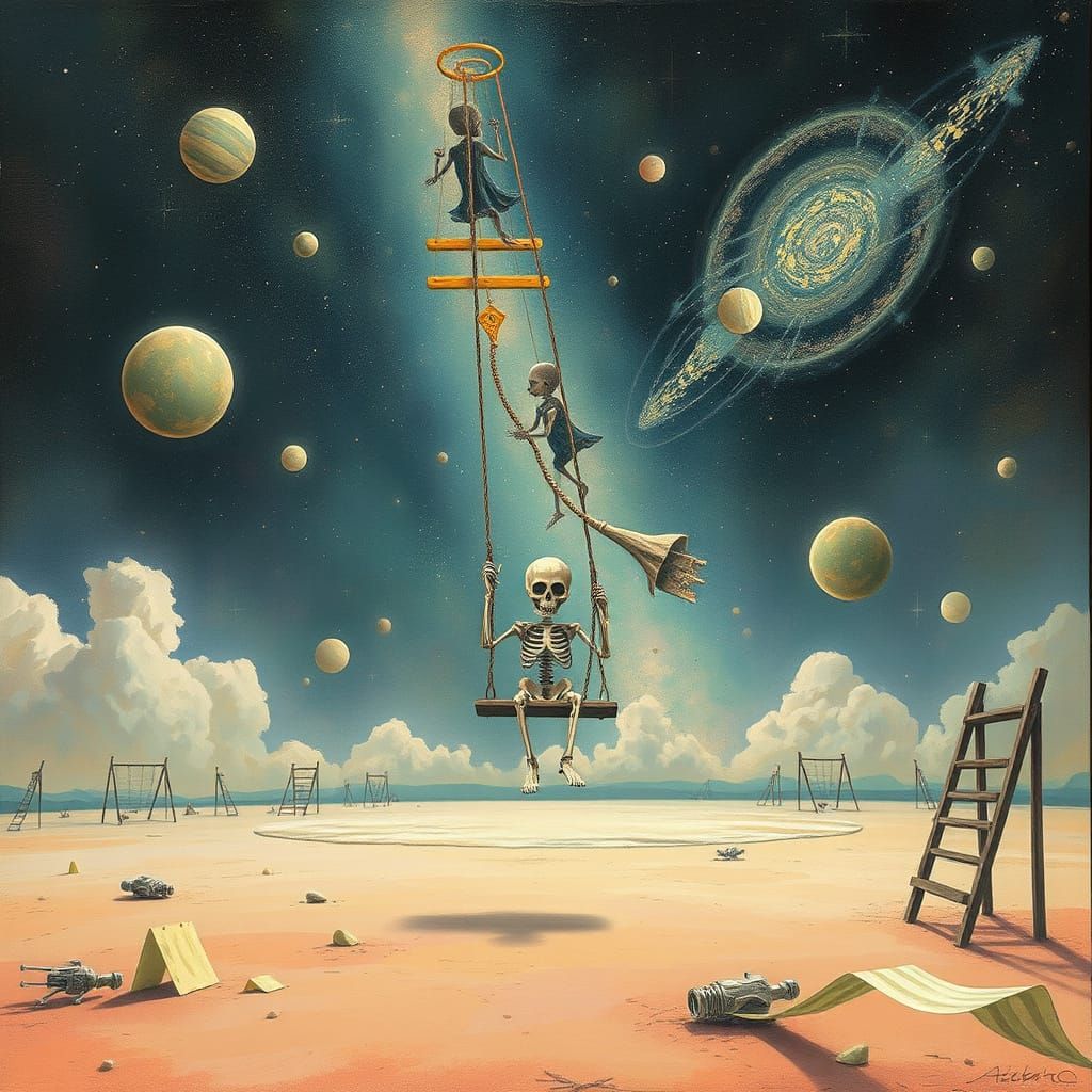 Surreal Playground in Galactic Void with Skeleton Child