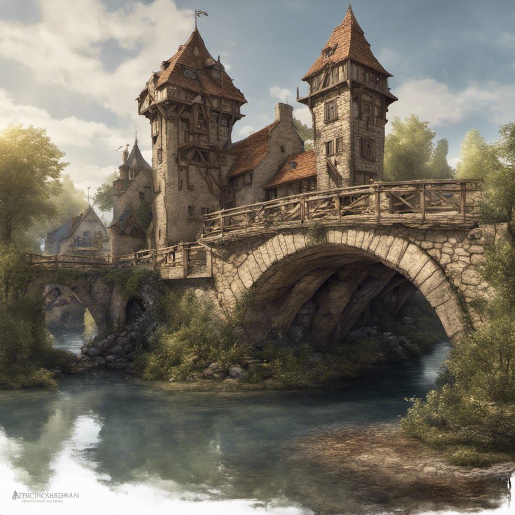 Medieval Fantasy Bridge with Vibrant Mill