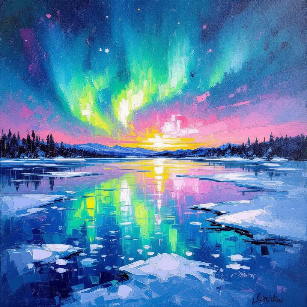 Aurora Borealis Reflections on Frozen Lake, Impasto Painting
