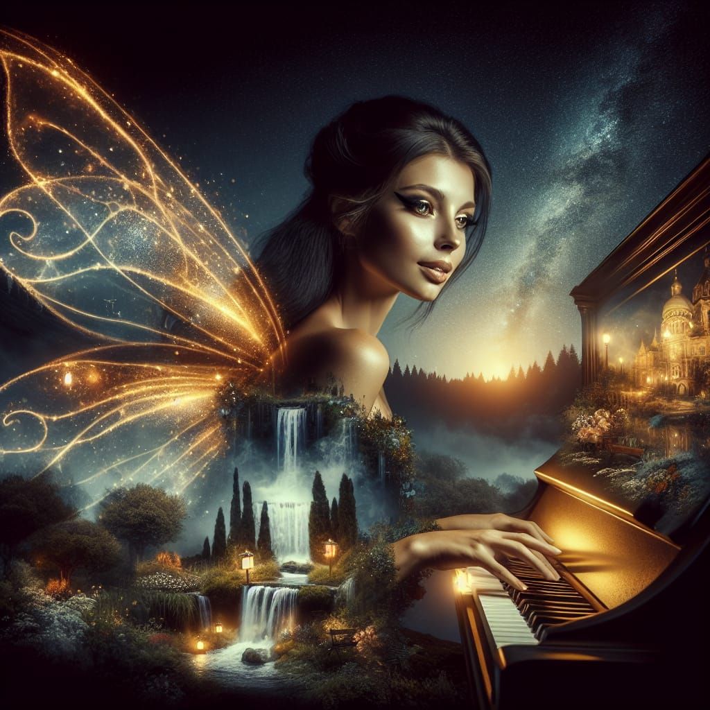 Noir Fairy Plays Piano in Dreamlike Garden
