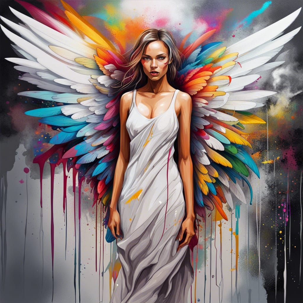 Woman with Colorful Wings in Graffiti Art Style