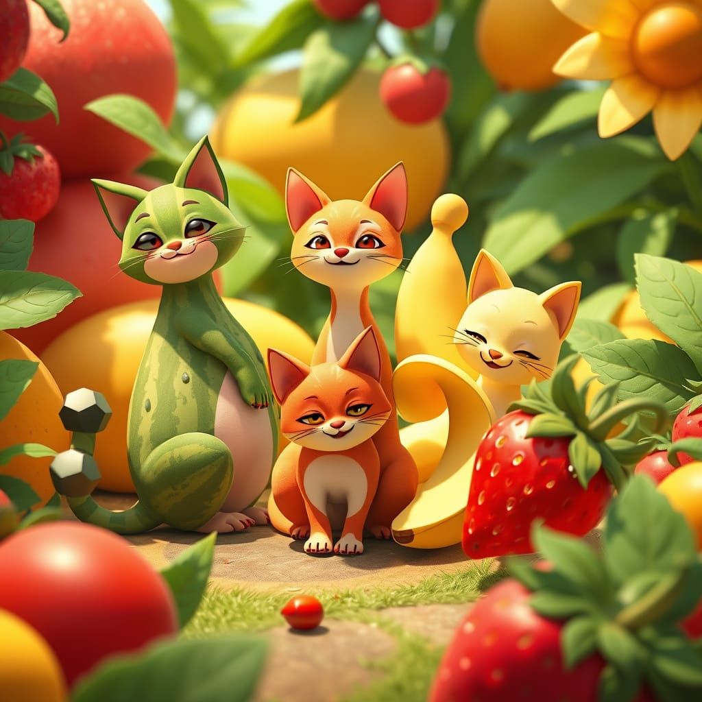 Vibrant Fruit Cats in Whimsical Garden